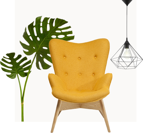 Яркие детали интерьера: жёлтое кресло, крупные листья, изящный светильник